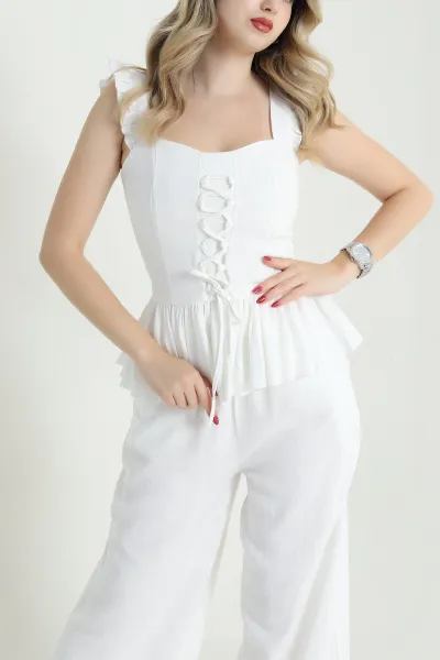 Ekru Bel Lastikli Luna Keten Kadın İkili Takım 469256