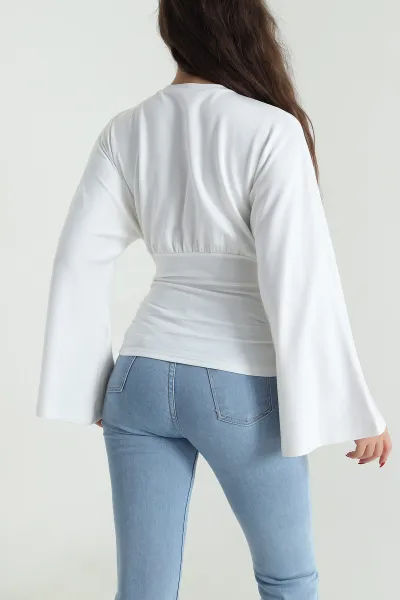 Ekru Belden Oturtmalı Modal Kadın Bluz 491648