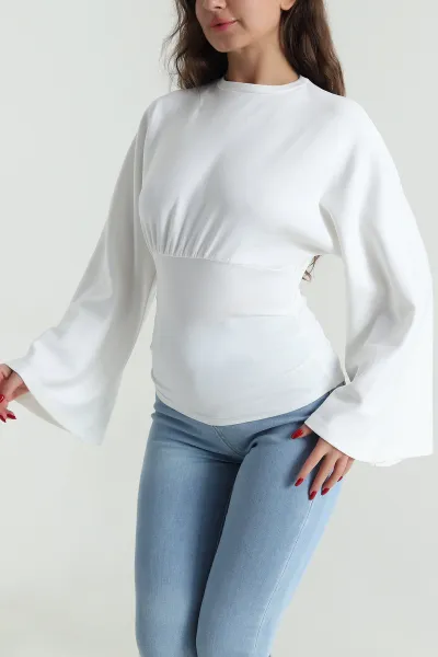 Ekru Belden Oturtmalı Modal Kadın Bluz 491648