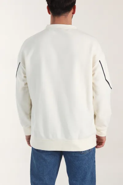 Ekru Bisiklet Yaka Polar Kumaş Yazı Detaylı Erkek Sweatshirt 404256