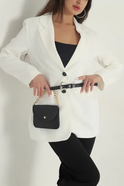 Ekru Çantalı Kemerli Kadın Blazer Atlas Ceket 401168