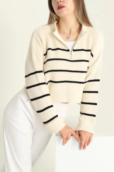 Ekru Çizgili Duble Kollu Triko Kazak 294708