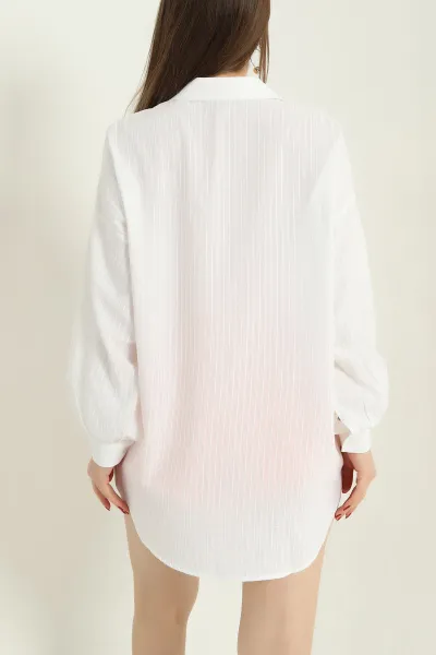 Ekru Çizgili Oversize Bayan Keten Gömlek 336989
