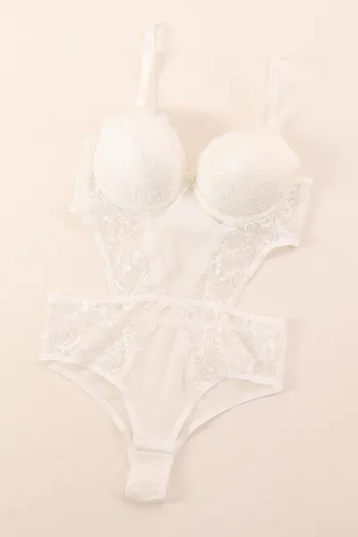 Ekru Dantel İşlemeli Destekli Bodysuit 384974