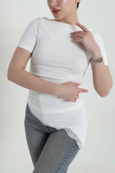 Ekru Dantelli Buzi Kadın Bluz 458114