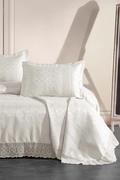 Krem 240x260 Dantelli Çift Kişilik Gelin Seti Yatak Örtüsü 282649