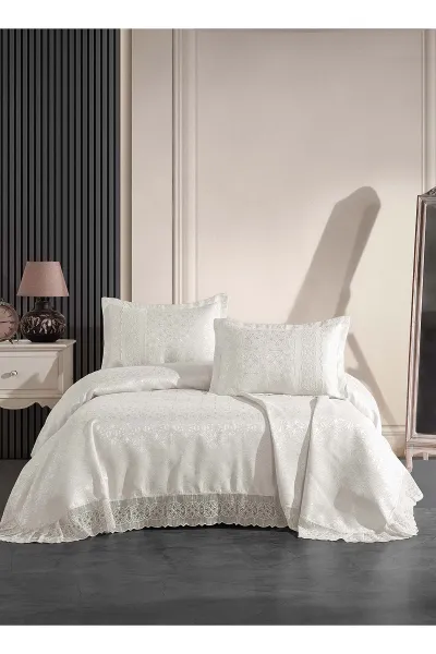 Krem 240x260 Dantelli Çift Kişilik Gelin Seti Yatak Örtüsü 282649