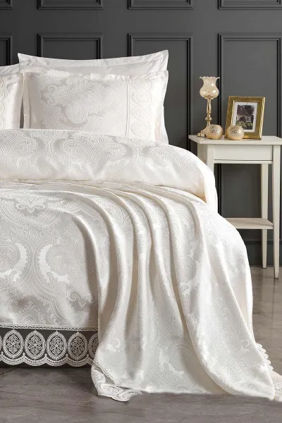 Krem 240x260 Dantelli Çift Kişilik Gelin Seti Yatak Örtüsü 282721