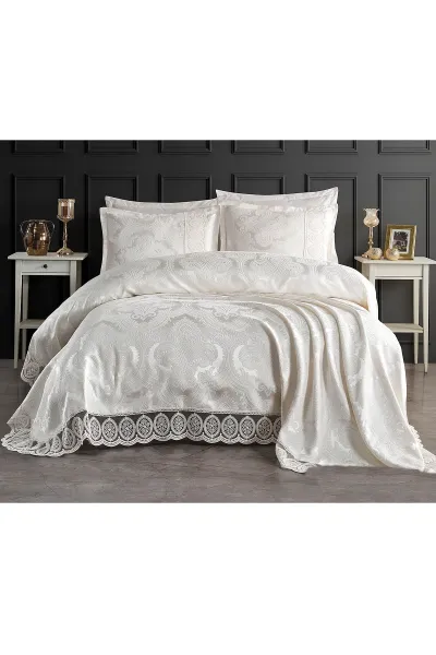 Krem 240x260 Dantelli Çift Kişilik Gelin Seti Yatak Örtüsü 282721