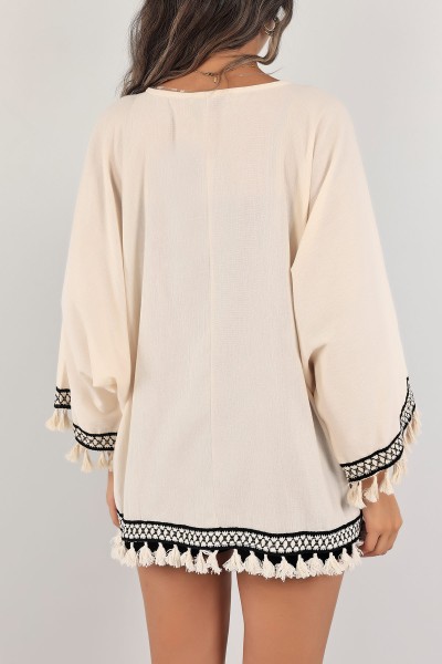 Ekru Dantelli Keten Kimono Hırka 124771