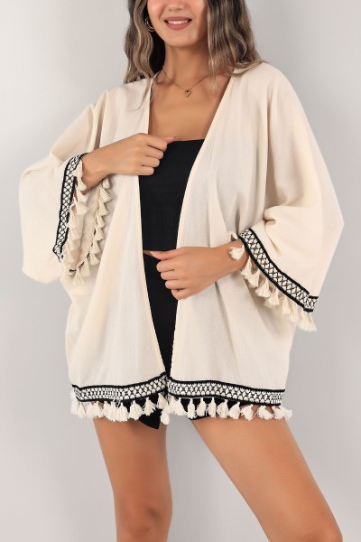 Ekru Dantelli Keten Kimono Hırka 124771