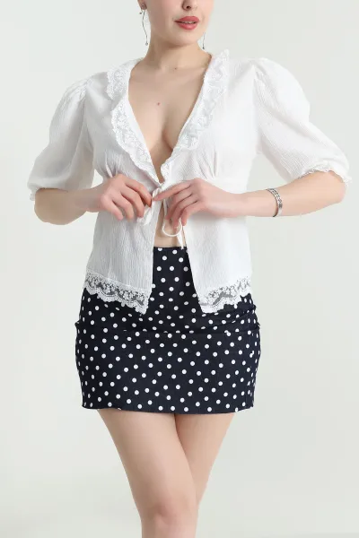 Ekru Dantelli Krinkıl Kadın Bluz 454954