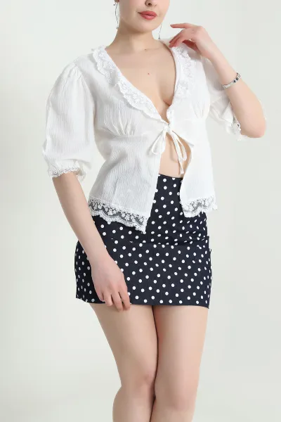 Ekru Dantelli Krinkıl Kadın Bluz 454954