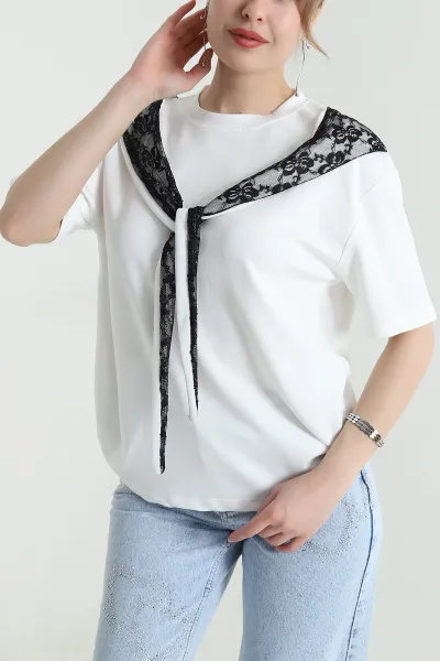 Ekru Dantelli Modal Kadın Bluz 452750