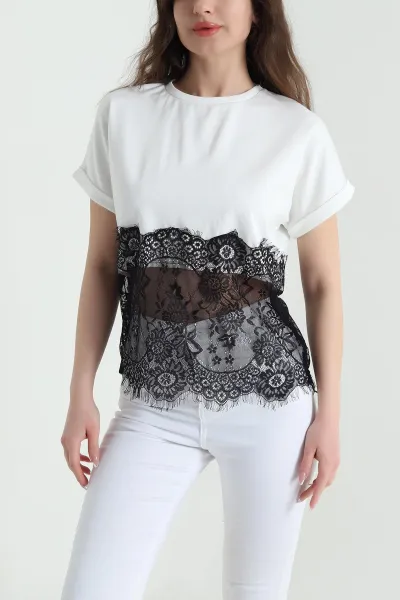 Ekru Dantelli Modal Kadın Bluz 454552
