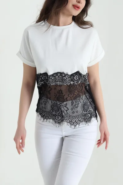 Ekru Dantelli Modal Kadın Bluz 454552