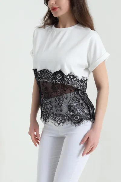 Ekru Dantelli Modal Kadın Bluz 454552