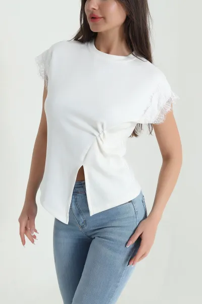 Ekru Dantelli Modal Kadın Bluz 459421