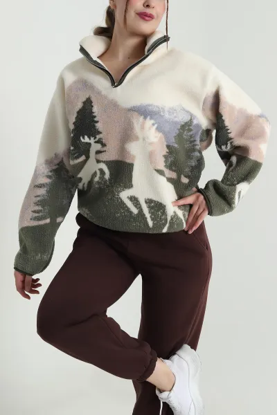 Ekru Desenli Uzun Kollu Teddy Kadın Sweat 482457