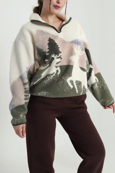 Ekru Desenli Uzun Kollu Teddy Kadın Sweat 482457