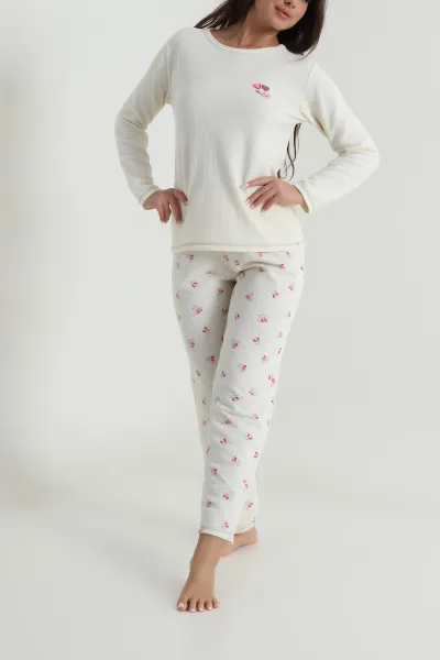 Ekru Desenli Waffle Kadın Pijama Takımı 486243