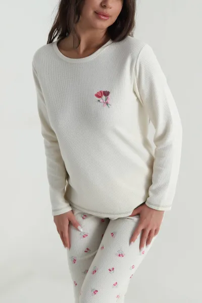 Ekru Desenli Waffle Kadın Pijama Takımı 486243