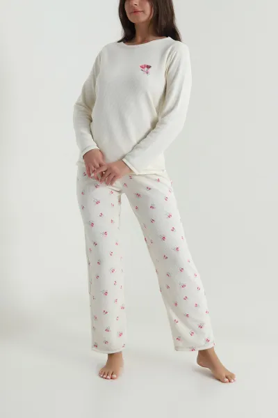 Ekru Desenli Waffle Kadın Pijama Takımı 486243