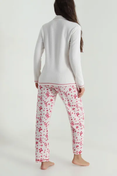 Ekru Desenli Waffle Kadın Pijama Takımı 486245