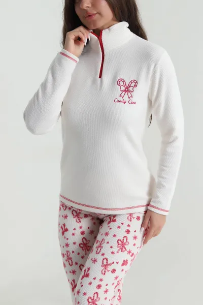 Ekru Desenli Waffle Kadın Pijama Takımı 486245
