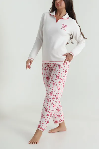 Ekru Desenli Waffle Kadın Pijama Takımı 486245