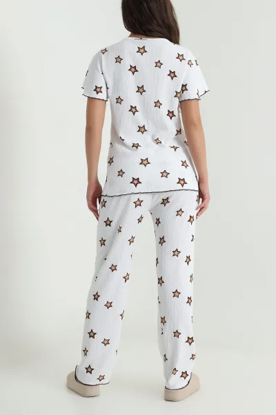 Ekru Düğmeli Bürümcük Kadın Pijama Takımı 479564