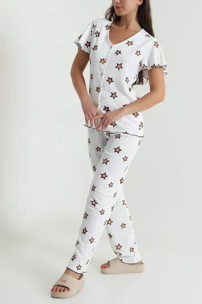 Ekru Düğmeli Bürümcük Kadın Pijama Takımı 479564
