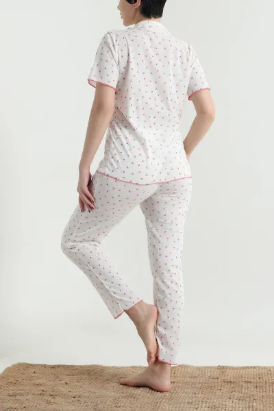 Ekru Düğmeli Kısa Kollu Kadın Pijama Takımı 454586