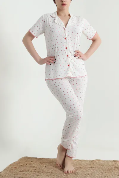 Ekru Düğmeli Kısa Kollu Kadın Pijama Takımı 454586