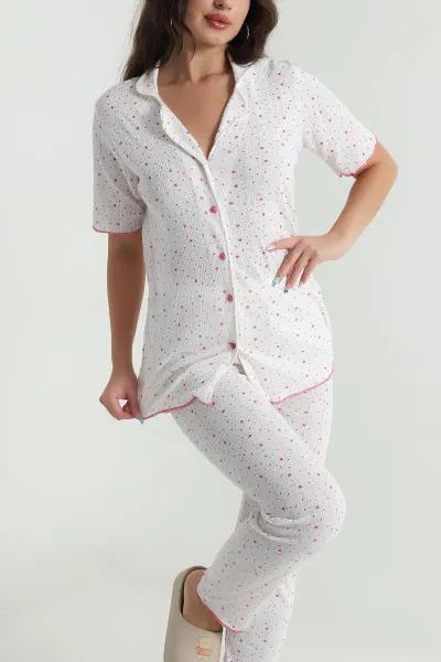 Ekru Düğmeli Pointel Kadın Pijama Takımı 482599