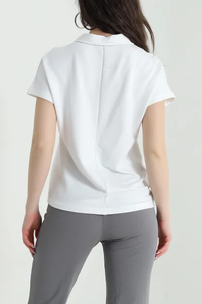 Ekru Düğmeli Polo Yaka Kristal Kadın Bluz 449074