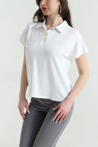Ekru Düğmeli Polo Yaka Kristal Kadın Bluz 449074