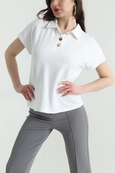 Ekru Düğmeli Polo Yaka Kristal Kadın Bluz 449074