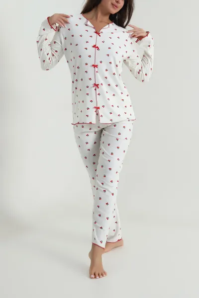 Ekru Düğmeli Süet Kadın Pijama Takımı 486273