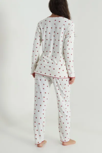 Ekru Düğmeli Süet Kadın Pijama Takımı 486273