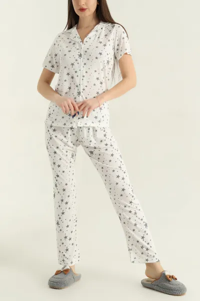 Ekru Düğmeli Viskon Kadın Pijama Takımı 347360