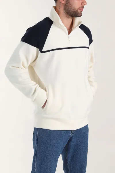 Ekru Fermuarlı Dik Yaka Polar Kumaş Erkek Sweatshirt 404308
