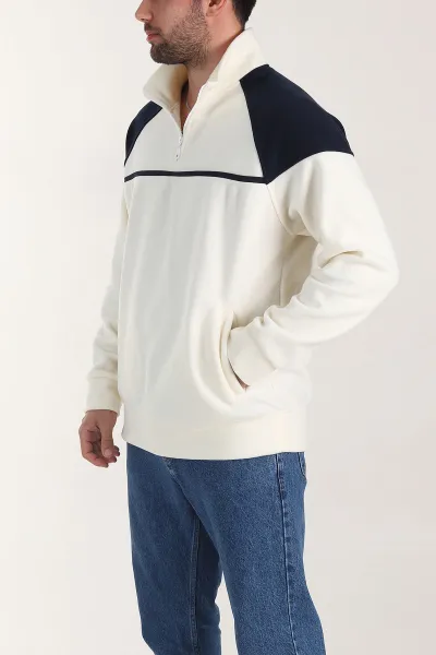 Ekru Fermuarlı Dik Yaka Polar Kumaş Erkek Sweatshirt 404308