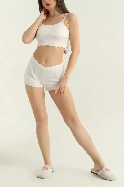 Ekru Fitilli Kadın Şortlu Pijama Takımı 466399