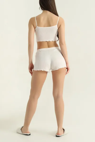 Ekru Fitilli Kadın Şortlu Pijama Takımı 466399