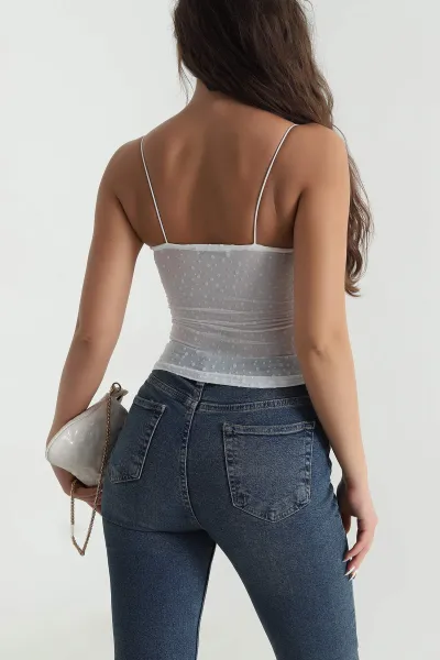 Ekru Flok Baskılı Tül Kadın Bluz 481433