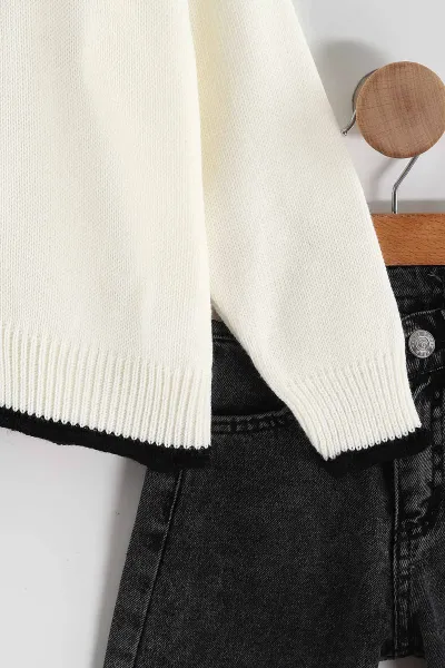 Ekru Füme(4-12 Yaş)Triko Yakalı Düğmeli Kot Pantolonlu Kız Çocuk Takım 442525