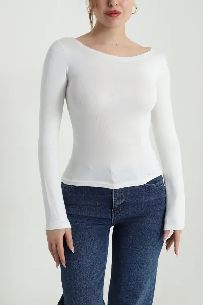 Ekru Geniş Yaka Kadın Body Bluz 490292