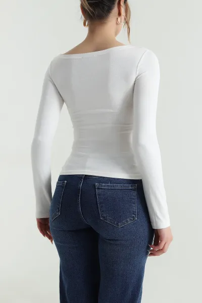 Ekru Geniş Yaka Kadın Body Bluz 490292
