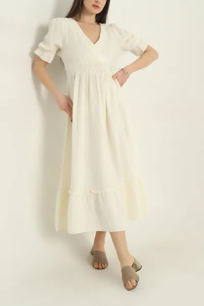 ekru-gofreli-gipeli-muslin-keten-kadin-elbise-351095